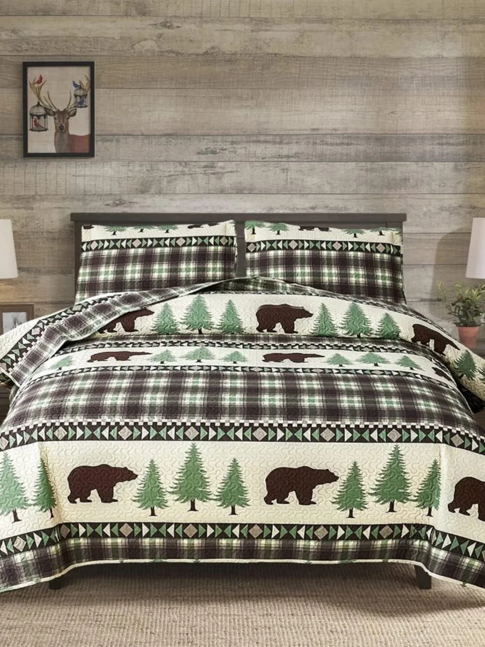 Cabin Bear Quilts Set Full/Queen Size, Lightweight Plaid Bedspread Coverlet Rust